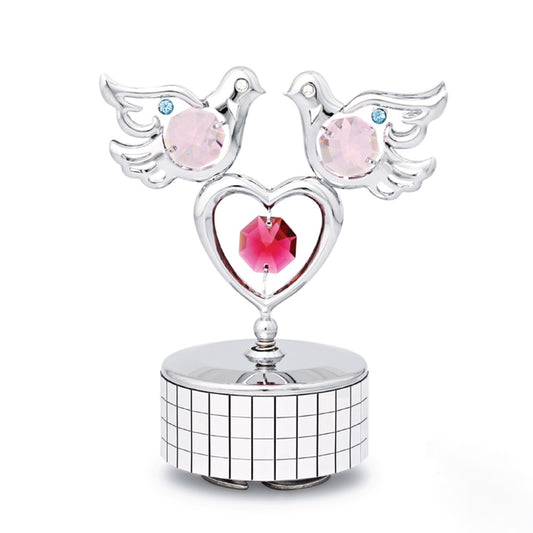 Elegant Christening Music Box with Doves on Heart Crystal Figurine