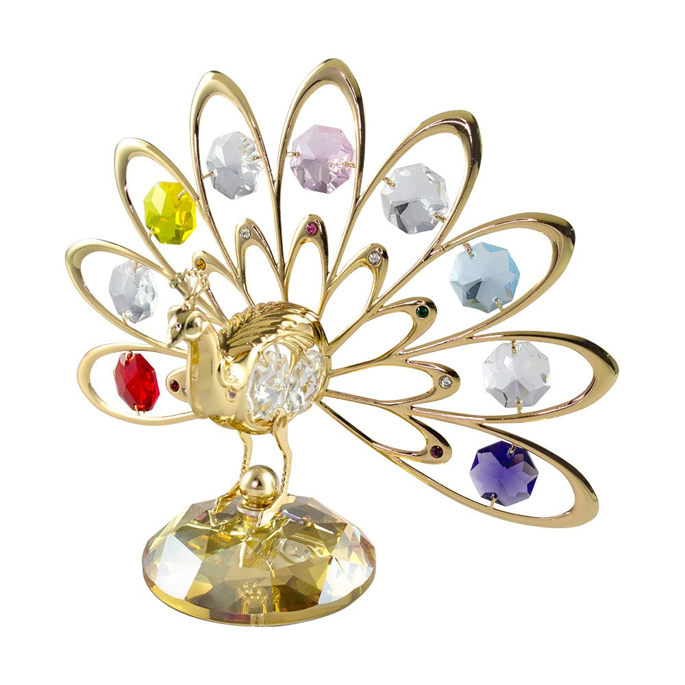 Regal Splendor – Gold-Plated Crystal Peacock Figurine with Fanned Tail