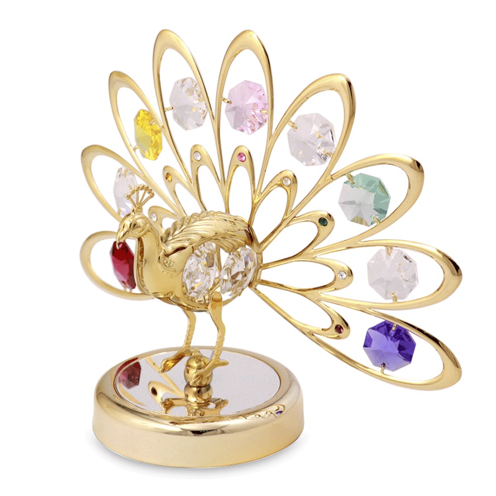 Regal Splendor – Gold-Plated Crystal Peacock Figurine with Fanned Tail